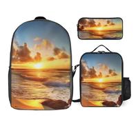 Sac à dos 3 pièces pour homme et femme, sac à dos léger et décontracté avec sac à déjeuner isotherme et trousse à crayons, motif coucher de soleil