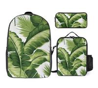 Sac à dos 3 pièces pour homme et femme, sac à dos léger et décontracté avec sac à déjeuner isotherme et trousse à crayons, jolies feuilles de palmier vertes