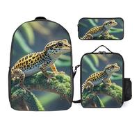 Sac à dos 3 pièces pour homme et femme, sac à dos léger et décontracté avec sac à déjeuner isotherme et trousse à crayons, motif léopard petit gecko