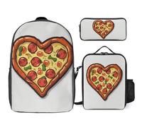 Sac à dos 3 pièces pour homme et femme, sac à dos léger et décontracté avec sac à déjeuner isotherme et trousse à crayons, organiseurs I Love Pizza Heart