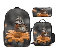 Sac à dos 3 pièces pour homme et femme, sac à dos léger et décontracté avec sac à déjeuner isotherme et trousse à crayons, motif marguerite orange