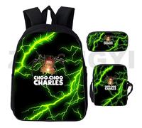 Sac à dos 3D Choo-Choo Charles pour adolescentes, imprime dessin anime, pour ordinateur portable, lot de 3 sacs à bandoulière pour femmes Noir