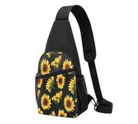 Sac à dos à bandoulière avec motif carlin mignon et antivol - Sac à bandoulière pour sports de plein air, voyage, randonnée - Pour homme et femme, Tournesol Fleurs Fleurs Plantes Noir et Jaune, Chest