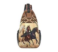 Sac à dos à bandoulière motif cheval, style ethnique bohème aztèque sac de poitrine de cheval occidental trois chevaux courent dans le désert tempête de sable sac à dos à bandoulière réglable voyage r