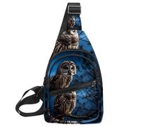 Sac à dos à bandoulière pour randonnée, voyage (hibou barré assis immobile au clair de lune bleu), Multicolore 02, 11.8x7x1.5in/30x18x4cm