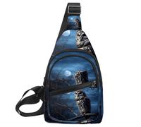 Sac à dos à bandoulière pour randonnée, voyage (hibou barré assis immobile au clair de lune bleu), Multicolore 20., 11.8x7x1.5in/30x18x4cm