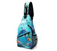 Sac à dos à bandoulière tendance, sac de poitrine créatif sous-marin avec impression dauphin, poisson, sacs à dos à bandoulière pour homme et femme, style 38 x 20 cm, sac de poitrine entièrement