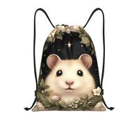 Sac à dos à cordon coulissant avec motif hamster mignon et fleurs, léger et doté de bretelles réglables, idéal pour le sport, le yoga, les voyages, le football et le volley-ball (taille moyenne).