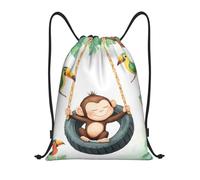 Sac à dos à cordon coulissant « Singe mignon et balançoire en pneu » avec motif jungle et bretelles réglables, idéal pour le sport, le yoga, les voyages, le football et le volley-ball. Petit format.