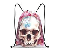 Sac À Dos À Cordon De Serrage Crâne Humain Et Fleurs Roses Drawstring Bag Imperméable Sac À Dos avec Cordon Unisexe pour Natation L'École Gymnastique