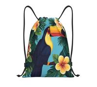 Sac À Dos À Cordon De Serrage Digital Illustration of Toucan, Tropical Flowers, Leaves Sacs De Sport Tout Âge Sac À Dos avec Cordon Moderne pour Natation Plage Gymnastique