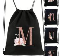 Sac à dos à cordon de serrage Sac à dos de sport Femmes Sacs à chaussures à cordon de serrage pour le rangement de voyage Motif de lettre initiale or rose Sacs de gym Sac à cordon de serrage léger Sac