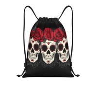 Sac À Dos À Cordon De Serrage Three Skulls with Red Roses Gym Sacksacs De Gym Tout Âge Drawstring Bag Léger pour Plage Natation Voyage