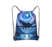 Sac à dos à cordon résistant à l'eau avec poche avant zippée pour le yoga, Fantasy Whale Under Galaxy Sky, One Size