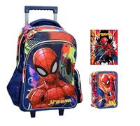 Sac à dos à roulettes compatible avec Spiderman homme araignée école primaire secondaire - Dossier rembourré poignée télescopique + trousse complète de papeterie + journal + 7 stylos effaçables