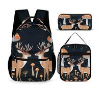 Sac à dos avec boîte à lunch, sac de rangement, animaux sauvages, cerf, lapin, champignons magiques (1), ensemble de sacs à dos, boîte à lunch et trousse de maquillage. Ensemble de sacs à dos