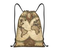 Sac à dos avec cordon de serrage - Sac à dos vintage avec cordon de serrage - Motif carte du monde ancien, Noir , M, Sac à dos daypack