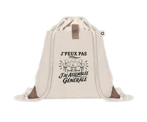 Sac à Dos avec Pochette Avant Beige J’peux pas j’ai Assemblée générale | Sac de Sport 220 g/m² avec 50% de Coton Recyclé Poche Velcro 8 L | Gym Piscine École