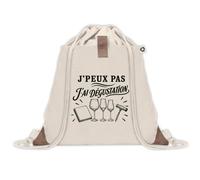 Sac à Dos avec Pochette Avant Beige J’peux pas j’ai Dégustation | Sac de Sport 220 g/m² avec 50% de Coton Recyclé Poche Velcro 8 L | Gym Piscine École Œnophile