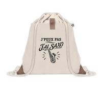 Sac à Dos avec Pochette Avant Beige J’peux pas j’ai Saxo | Sac de Sport 220 g/m² avec 50% de Coton Recyclé Poche Velcro 8 L | Gym Piscine École Saxophoniste