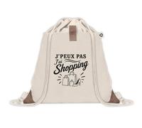 Sac à Dos avec Pochette Avant Beige J’peux pas j’ai Shopping | Sac de Sport 220 g/m² avec 50% de Coton Recyclé Poche Velcro 8 L | Gym Piscine École Accro Shopping