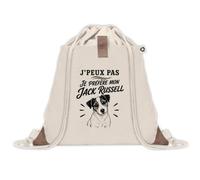 Sac à Dos avec Pochette Avant Beige J’peux pas je préfère mon Jack Russell | Sac de Sport 220 g/m² avec 50% de Coton Recyclé Poche Velcro 8 L | Gym Piscine École Propriétaire Jack Russell