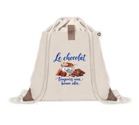 Sac à Dos avec Pochette Avant Beige Le chocolat, toujours une bonne idée | Sac de Sport 220 g/m² avec 50% de Coton Recyclé Poche Velcro 8 L | Gym Piscine École Gourmand Gourmande