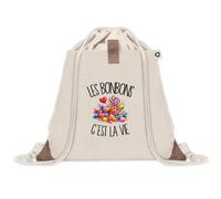 Sac à Dos avec Pochette Avant Beige Les bonbons c'est la vie | Sac de Sport 220 g/m² avec 50% de Coton Recyclé Poche Velcro 8 L | Gym Piscine École Gourmand Gourmande