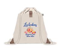 Sac à Dos avec Pochette Avant Beige Les bonbons, toujours une bonne idée | Sac de Sport 220 g/m² avec 50% de Coton Recyclé Poche Velcro 8 L | Gym Piscine École Gourmand Gourmande