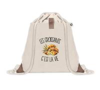 Sac à Dos avec Pochette Avant Beige Les croissants c'est la vie | Sac de Sport 220 g/m² avec 50% de Coton Recyclé Poche Velcro 8 L | Gym Piscine École Gourmand Gourmande