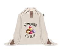 Sac à Dos avec Pochette Avant Beige Les macarons c'est la vie | Sac de Sport 220 g/m² avec 50% de Coton Recyclé Poche Velcro 8 L | Gym Piscine École Gourmand Gourmande