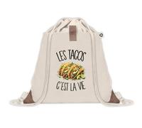 Sac à Dos avec Pochette Avant Beige Les tacos c'est la vie | Sac de Sport 220 g/m² avec 50% de Coton Recyclé Poche Velcro 8 L | Gym Piscine École Gourmand Gourmande