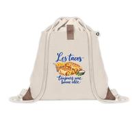 Sac à Dos avec Pochette Avant Beige Les tacos, toujours une bonne idée | Sac de Sport 220 g/m² avec 50% de Coton Recyclé Poche Velcro 8 L | Gym Piscine École Gourmand Gourmande