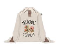 Sac à Dos avec Pochette Avant Beige Mes copines c'est ma vie | Sac de Sport 220 g/m² avec 50% de Coton Recyclé Poche Velcro 8 L | Gym Piscine École Meilleure Amie