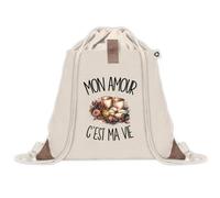 Sac à Dos avec Pochette Avant Beige Mon amour c'est ma vie | Sac de Sport 220 g/m² avec 50% de Coton Recyclé Poche Velcro 8 L | Gym Piscine École Amoureux Amoureuse