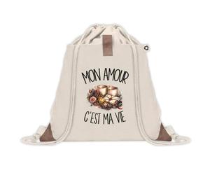 Sac à Dos avec Pochette Avant Beige Mon amour c'est ma vie | Sac de Sport 220 g/m² avec 50% de Coton Recyclé Poche Velcro 8 L | Gym Piscine École Amoureux Amoureuse