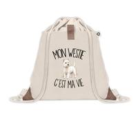 Sac à Dos avec Pochette Avant Beige Mon Westie c'est ma vie | Sac de Sport 220 g/m² avec 50% de Coton Recyclé Poche Velcro 8 L | Gym Piscine École Propriétaire Chien