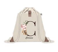 Sac à dos avec pochette Carmen Lettre Fleur | Sac de Sport et Gym avec cordelettes en Toile | Idée Cadeau Collègue Noël Anniversaire | Sac Doudou
