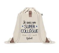 Sac à dos avec pochette Djibril Super Collègue | Sac de Sport et Gym avec cordelettes en Toile | Idée Cadeau Collègue Noël Anniversaire | Sac Doudou
