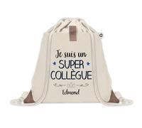 Sac à dos avec pochette Edmond Super Collègue | Sac de Sport et Gym avec cordelettes en Toile | Idée Cadeau Collègue Noël Anniversaire | Sac Doudou