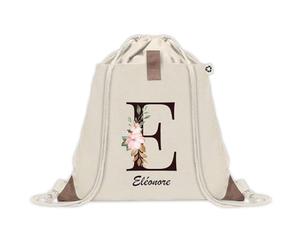 Sac à dos avec pochette Eléonore Lettre Fleur | Sac de Sport et Gym avec cordelettes en Toile | Idée Cadeau Collègue Noël Anniversaire | Sac Doudou