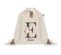 Sac à dos avec pochette Elodie Lettre Fleur | Sac de Sport et Gym avec cordelettes en Toile | Idée Cadeau Collègue Noël Anniversaire | Sac Doudou