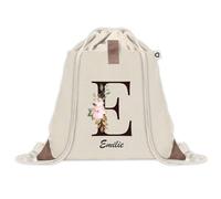 Sac à dos avec pochette Emilie Lettre Fleur | Sac de Sport et Gym avec cordelettes en Toile | Idée Cadeau Collègue Noël Anniversaire | Sac Doudou