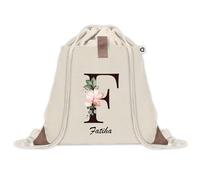 Sac à dos avec pochette Fatiha Lettre Fleur | Sac de Sport et Gym avec cordelettes en Toile | Idée Cadeau Collègue Noël Anniversaire | Sac Doudou
