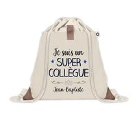 Sac à dos avec pochette Jean-Baptiste Super Collègue | Sac de Sport et Gym avec cordelettes en Toile | Idée Cadeau Collègue Noël Anniversaire | Sac Doudou