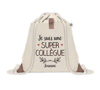 Sac à dos avec pochette Jeanine Super Collègue | Sac de Sport et Gym avec cordelettes en Toile | Idée Cadeau Collègue Noël Anniversaire | Sac Doudou