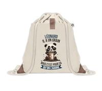 Sac à dos avec pochette Léonard Panda Grain | Sac de Sport et Gym avec cordelettes en Toile | Idée Cadeau Collègue Noël Anniversaire | Sac Doudou