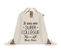 Sac à dos avec pochette Marie-Claire Super Collègue | Sac de Sport et Gym avec cordelettes en Toile | Idée Cadeau Collègue Noël Anniversaire | Sac Doudou