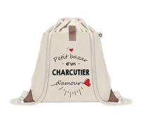 Sac à dos avec pochette Petit Bazar d'un Charcutier d'amour | Sac de Sport et Gym avec cordelettes en Toile | Idée Cadeau Collègue Noël Anniversaire | Sac Doudou