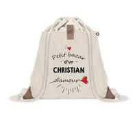 Sac à dos avec pochette Petit Bazar d'un Christian d'amour | Sac de Sport et Gym avec cordelettes en Toile | Idée Cadeau Collègue Noël Anniversaire | Sac Doudou
